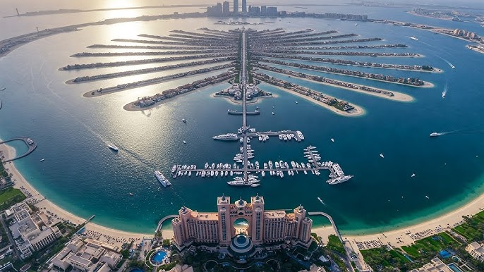 Aerial view of Palm Jumeirah Dubai near water sports activities by eDrive Water Sports