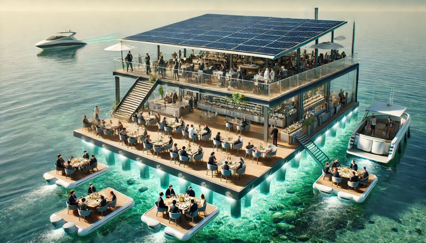 Luxury floating ocean restaurant with solar roof by eDrive Water Sports Dubai
