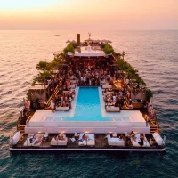 Luxury floating platform party on the sea during sunset with eDrive Water Sports Dubai