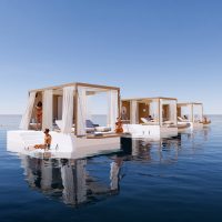 Multiple luxury floating platforms on the sea for relaxation and water adventure by eDrive Water Sports Dubai